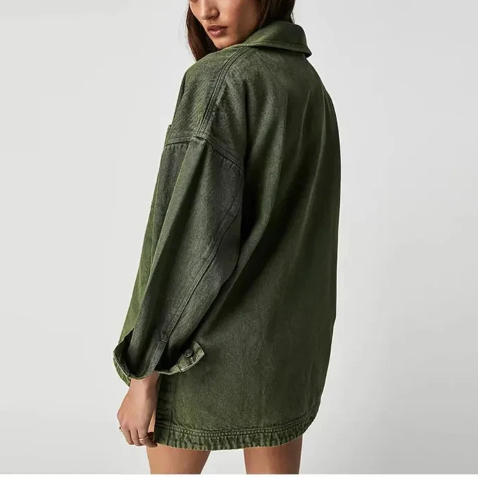 Women's Oversized Denim Shirt Jacket with Button Front and Pockets