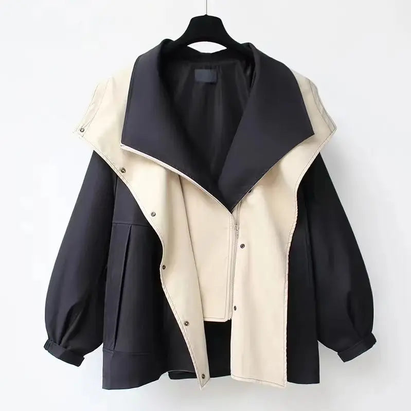 Women's Two Tone Windbreaker Jacket with Wide Lapels and Button Front