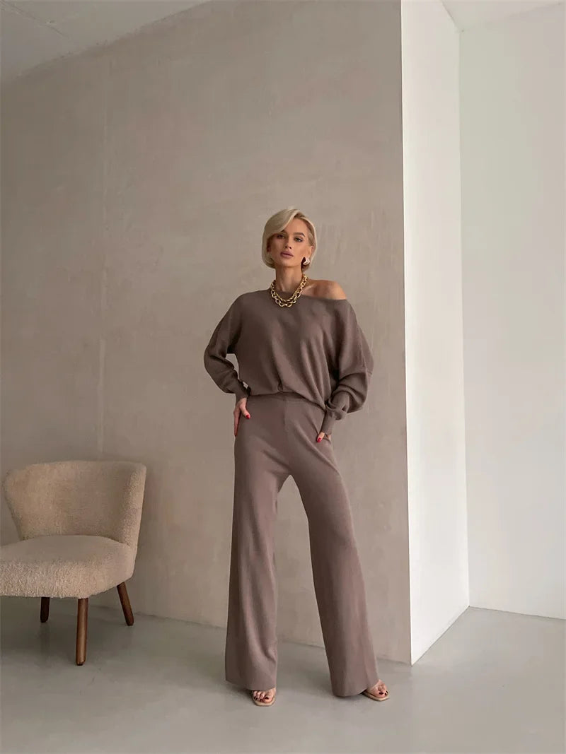 Women's Off Shoulder Knit Sweater and Pants Set with Wide Neck