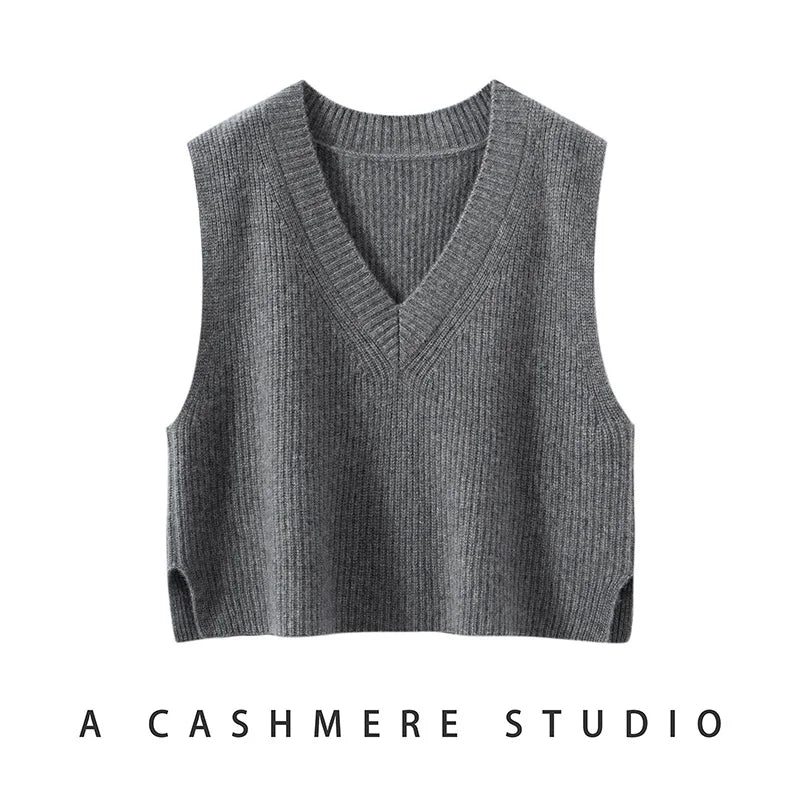 Women's Ribbed Cashmere Sweater Vest with V Neck and Sleeveless Design