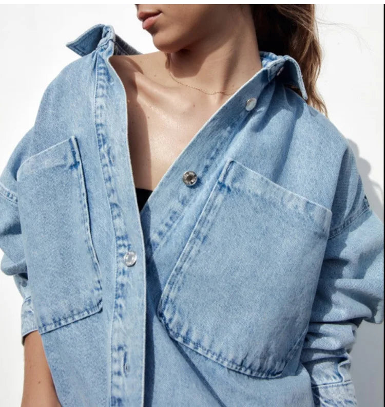 Women's Oversized Denim Shirt with Button Front and Chest Pockets