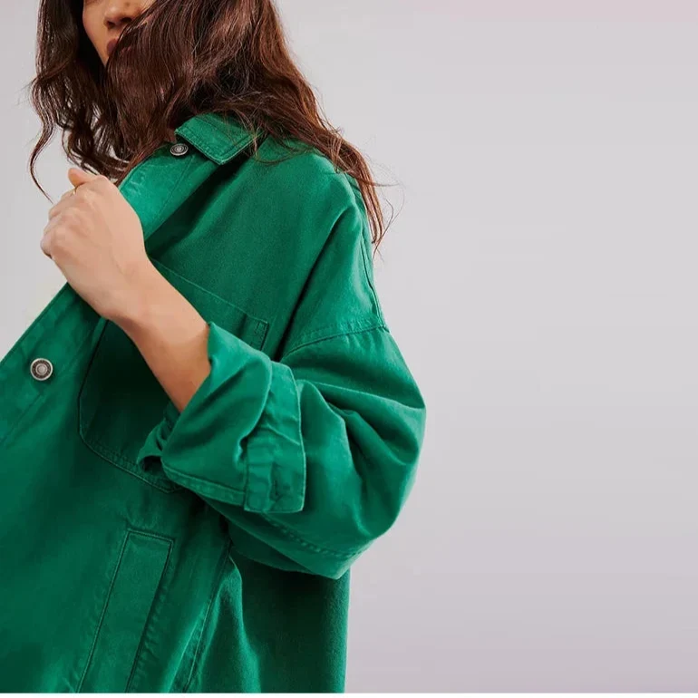 Women's Oversized Denim Shirt Jacket with Button Front and Pockets