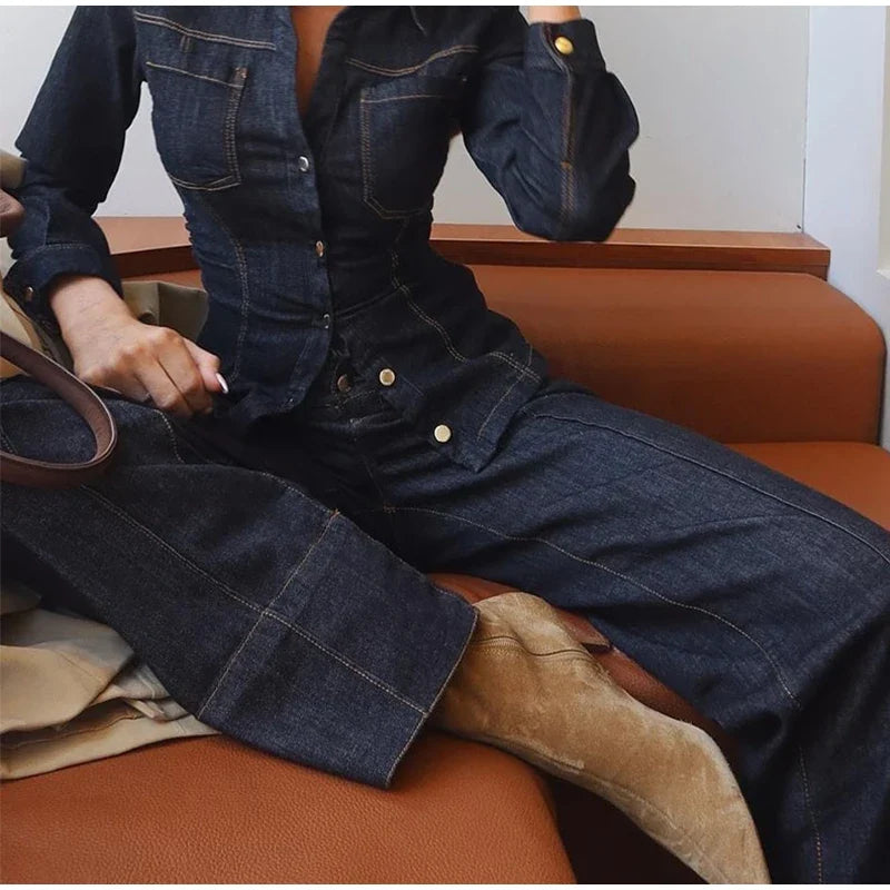 Women's Button Front Denim Shirt and Wide Leg Jeans Set