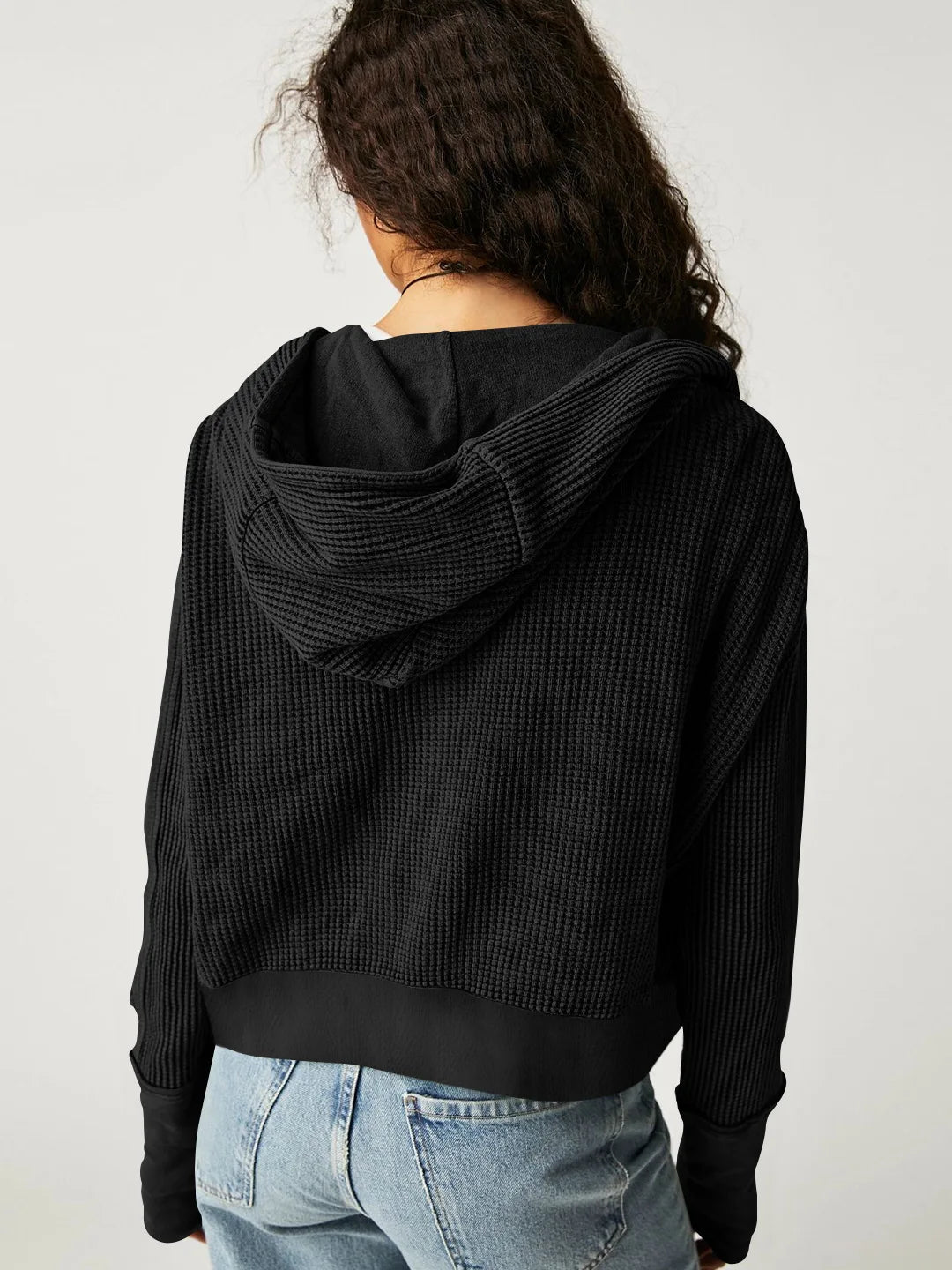 Women's Cropped Waffle Knit Hoodie with Full Zip and Button Collar