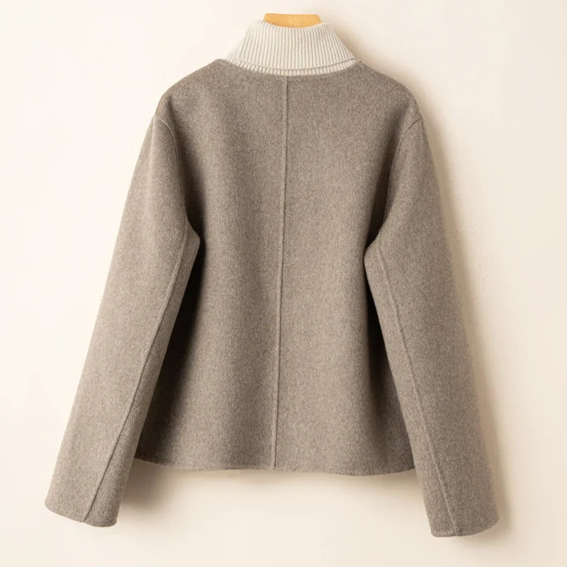 Women's Collarless Wool Jacket with Button Front and Front Pockets
