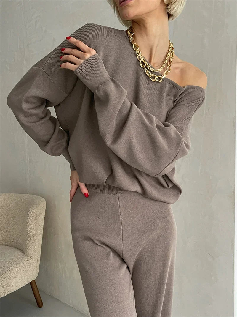 Women's Off Shoulder Knit Sweater and Pants Set with Wide Neck