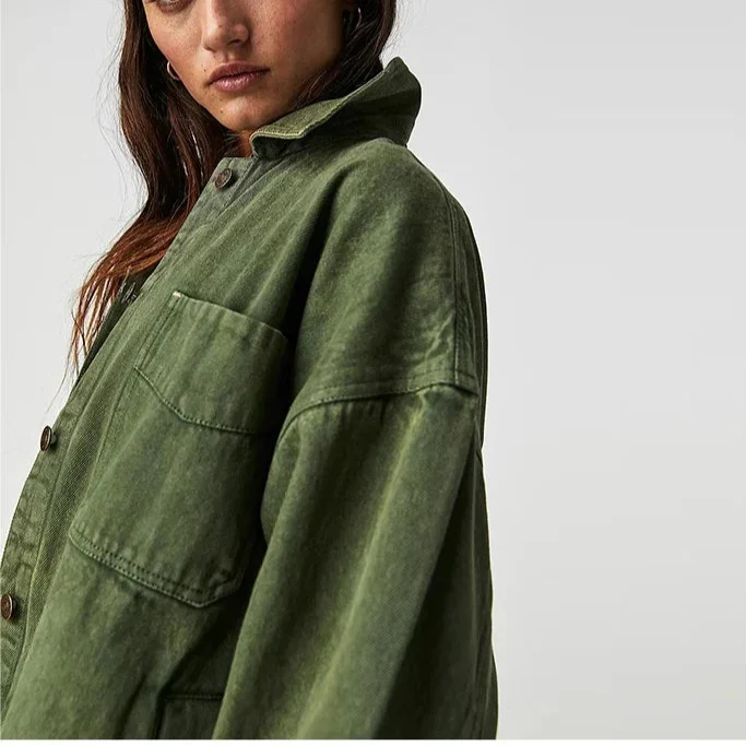 Women's Oversized Denim Shirt Jacket with Button Front and Pockets