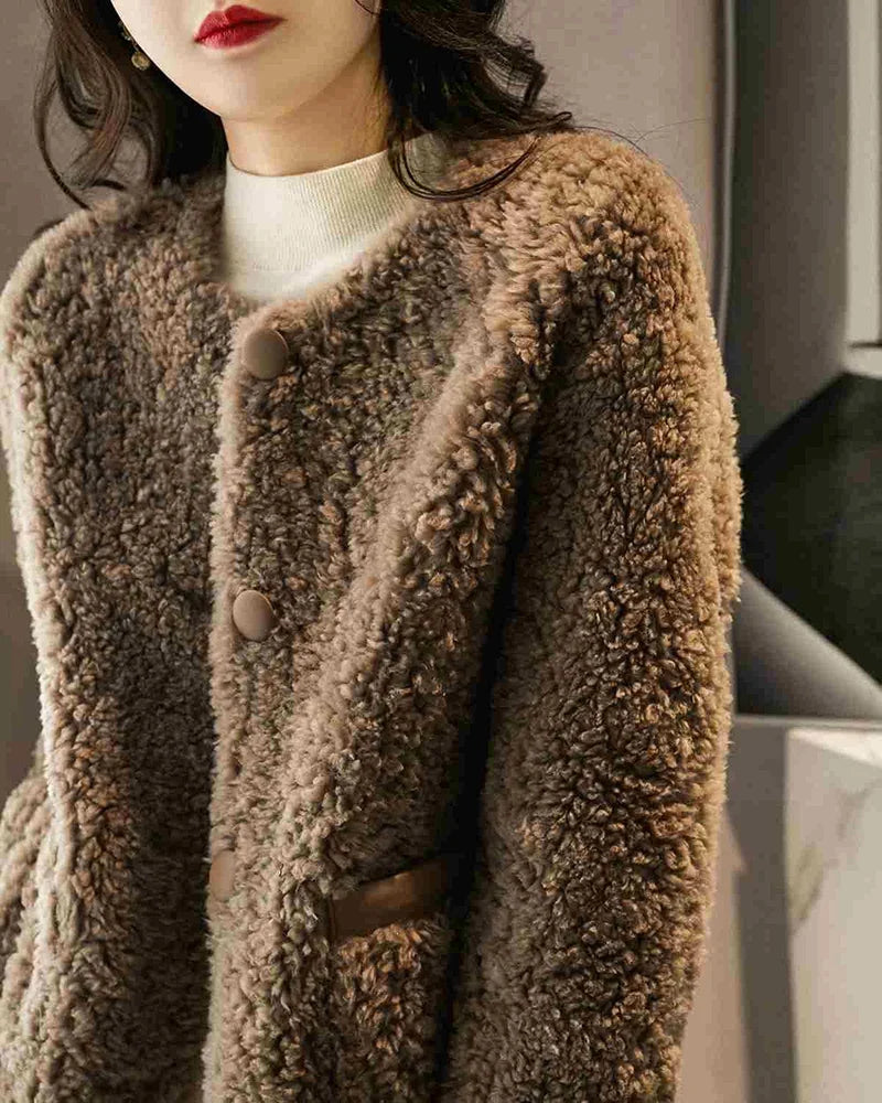 Women's Teddy Fleece Coat with Button Front and Front Pockets