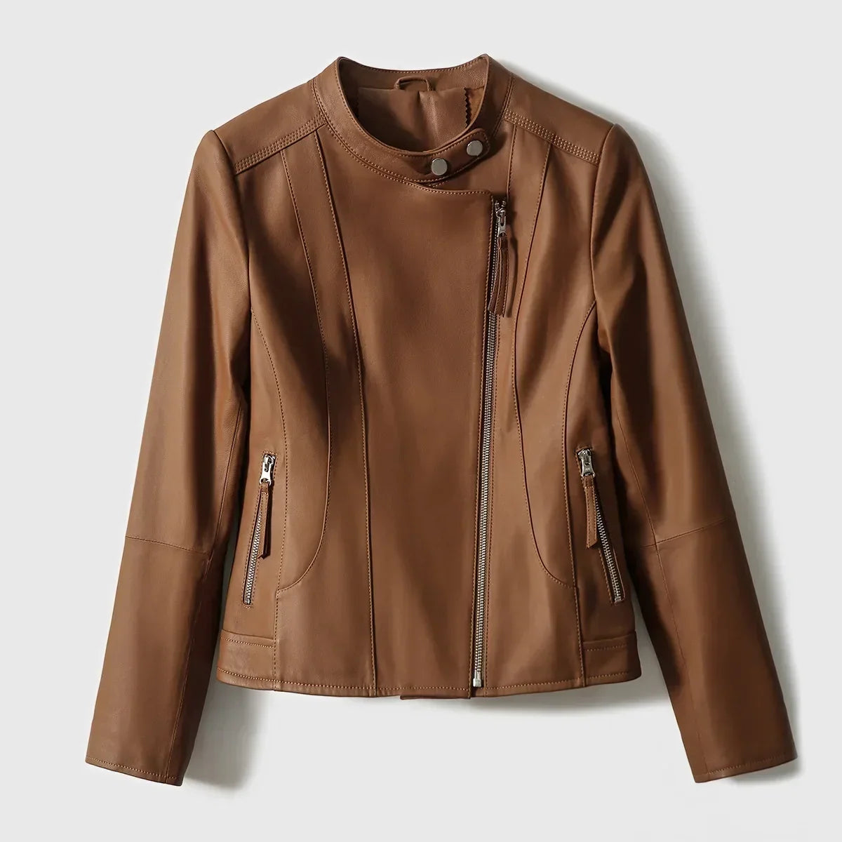 Women's Slim Fit Leather Jacket with Asymmetric Zip and Snap Collar