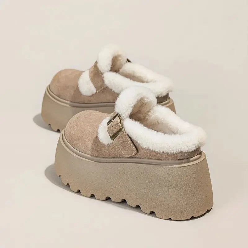Women's Shearling Platform Clogs with Buckle Strap and Chunky Sole