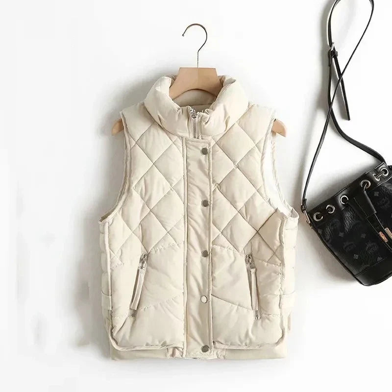 Women's Quilted Puffer Vest with Snap Button Front and Pockets