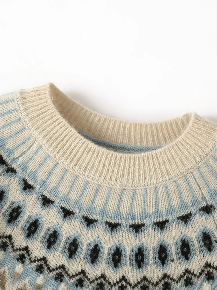 Women's Cashmere Sweater with Fair Isle Pattern and Crew Neck