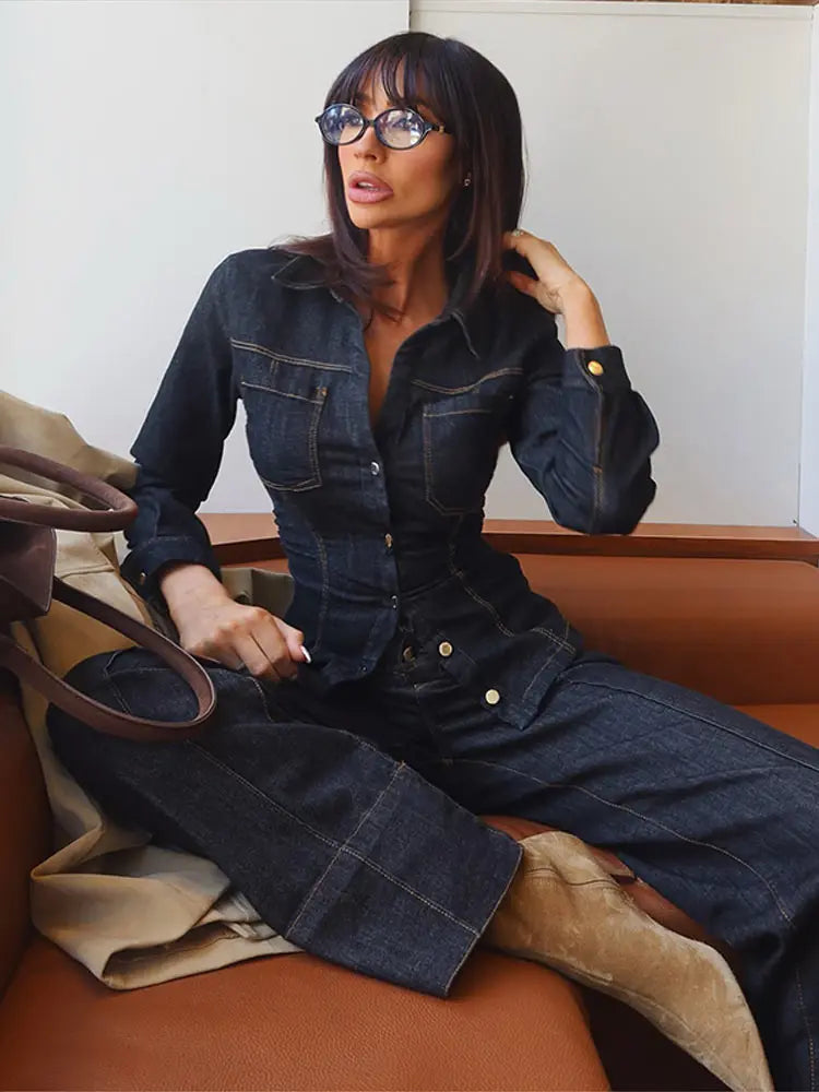 Women's Button Front Denim Shirt and Wide Leg Jeans Set