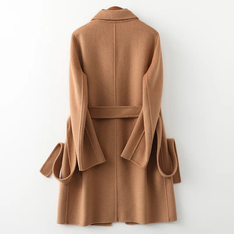 Women's Wool Blend Coat with Tie Belt and Notch Lapel