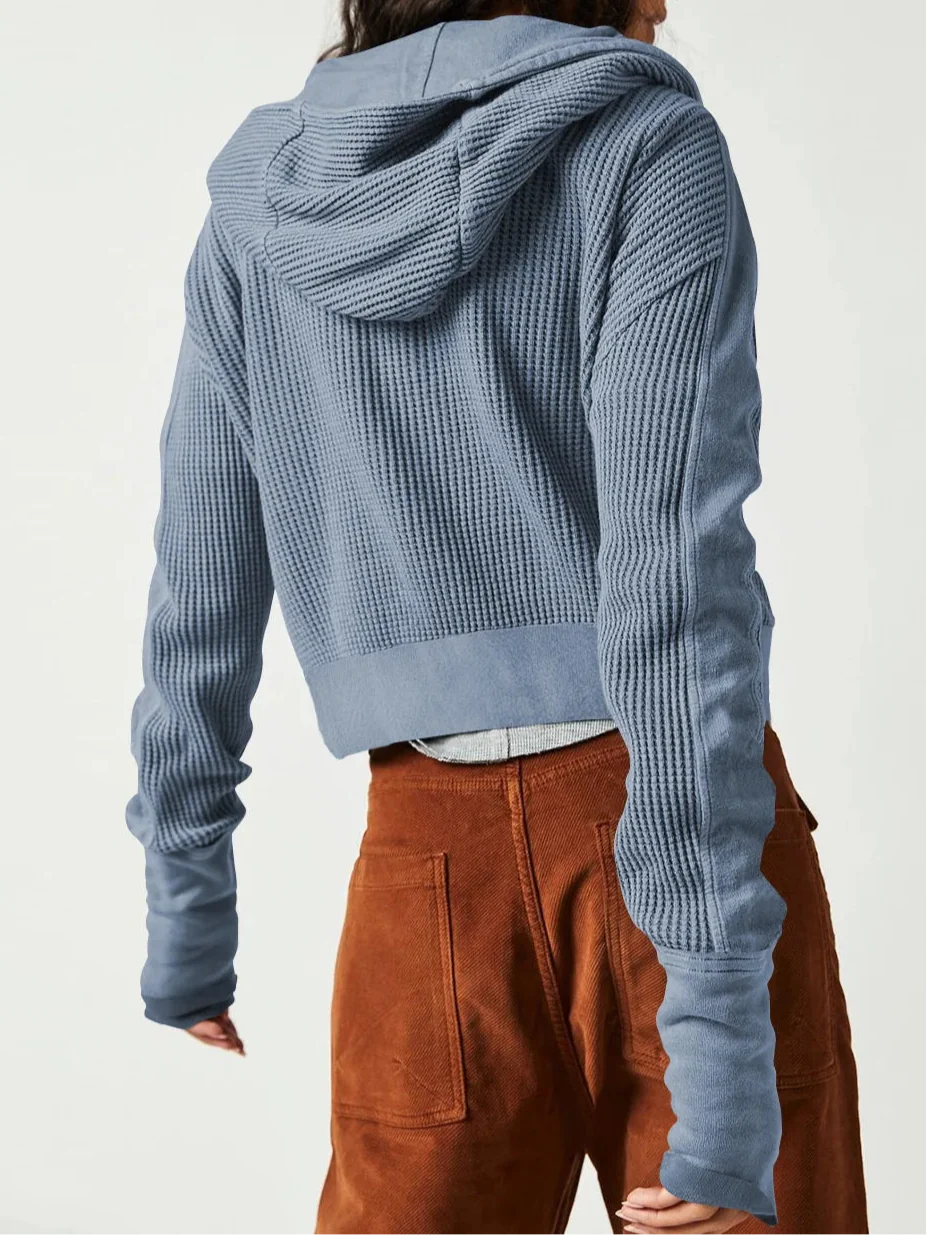 Women's Cropped Waffle Knit Hoodie with Full Zip and Button Collar