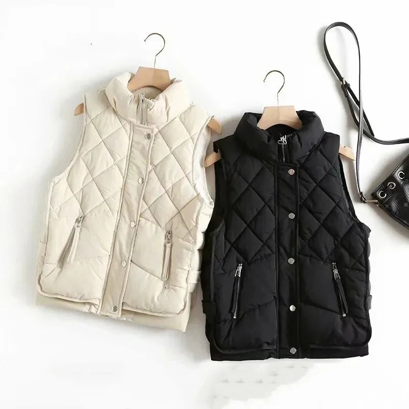 Women's Quilted Puffer Vest with Snap Button Front and Pockets
