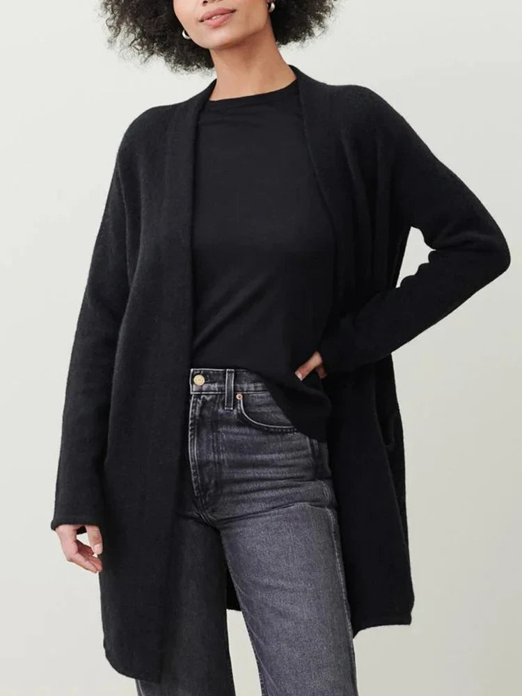 Women's Open Front Knit Cardigan with Pockets and Long Sleeves