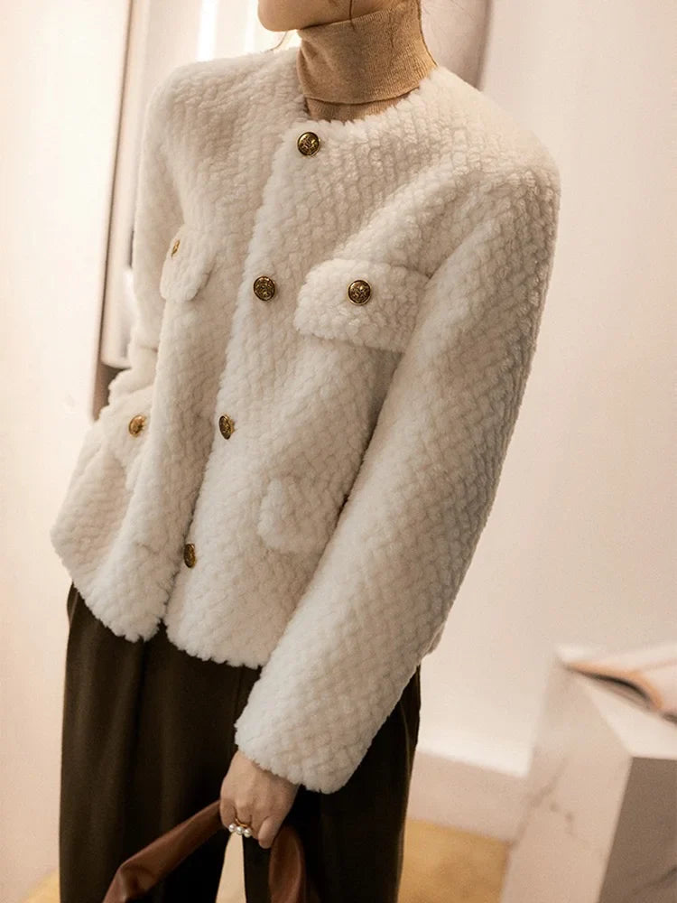 Women's Textured Boucle Jacket with Gold Button Front and Pockets