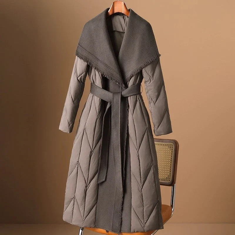 Women's Long Down Coat with Wool Trim and Open Front Design