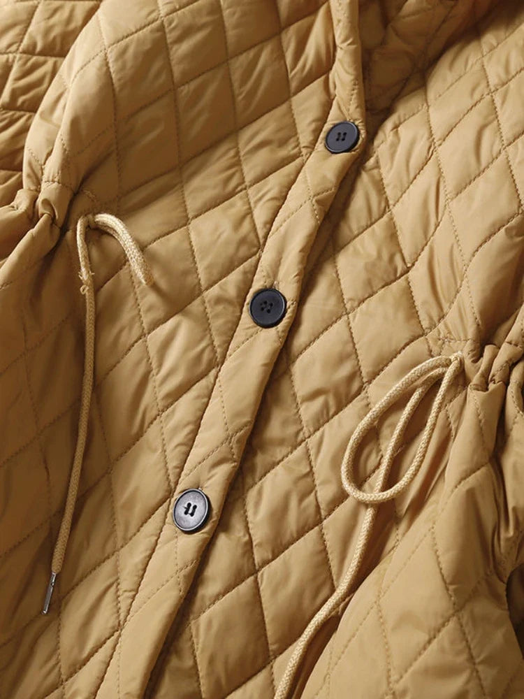 Women's Long Quilted Coat with Drawstring Waist and Button Front