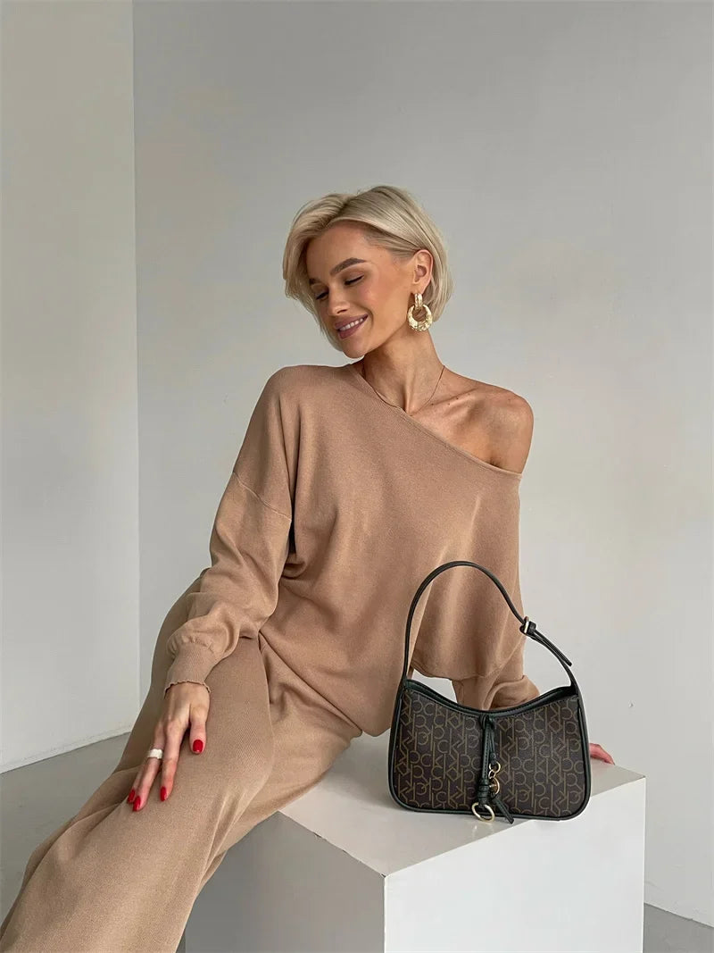 Women's Off Shoulder Knit Sweater and Pants Set with Wide Neck