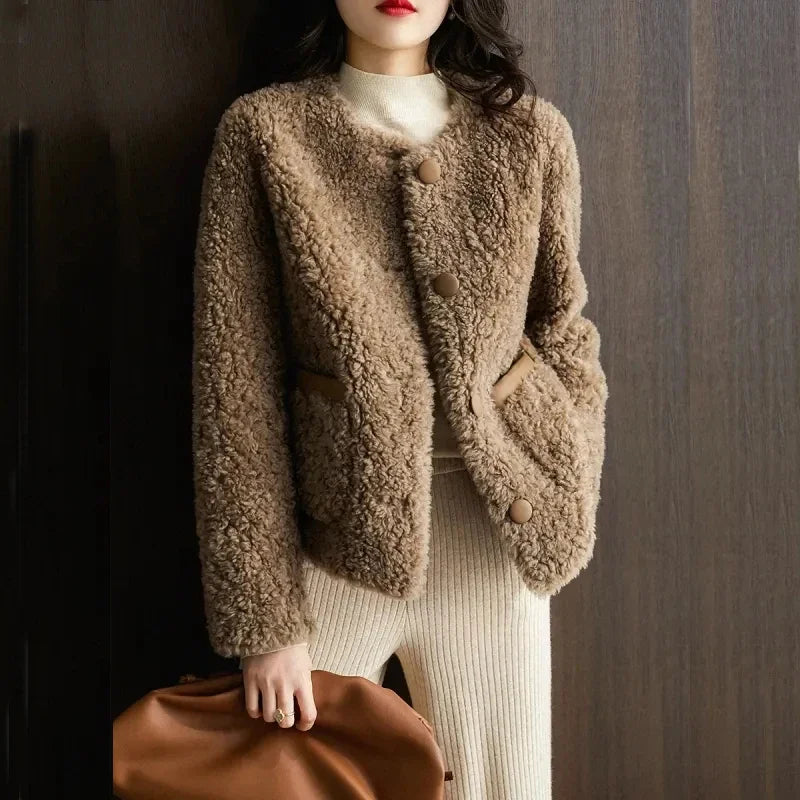 Women's Teddy Fleece Coat with Button Front and Front Pockets