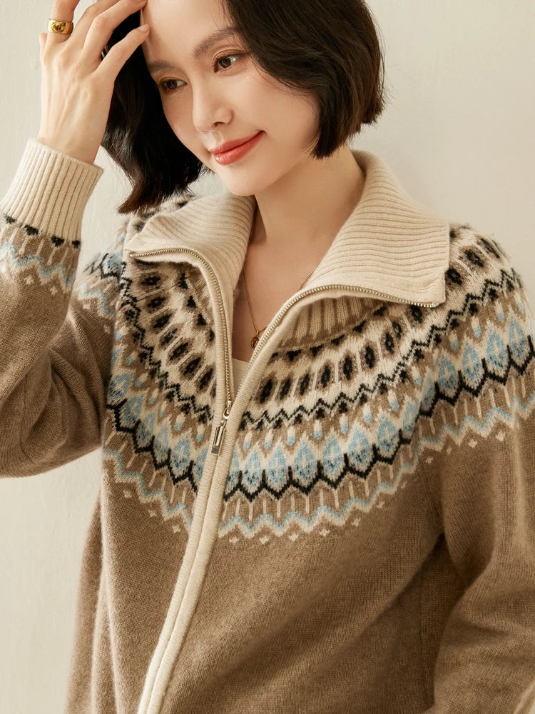 Women's Cashmere Zip Up Cardigan with Fair Isle Pattern and Ribbed Trim
