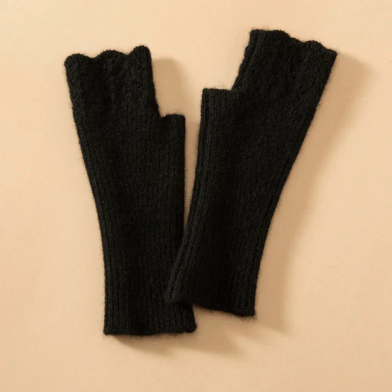 Women's Cashmere Fingerless Gloves with Ribbed Knit Texture
