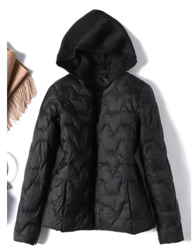 Women's Quilted Down Jacket with Hood and Snap Button Front