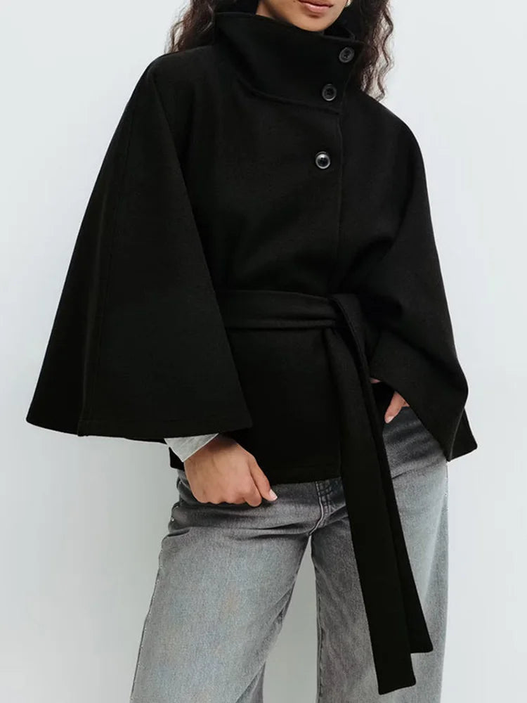 Women's Wool Blend Cape Coat with High Collar and Tie Belt