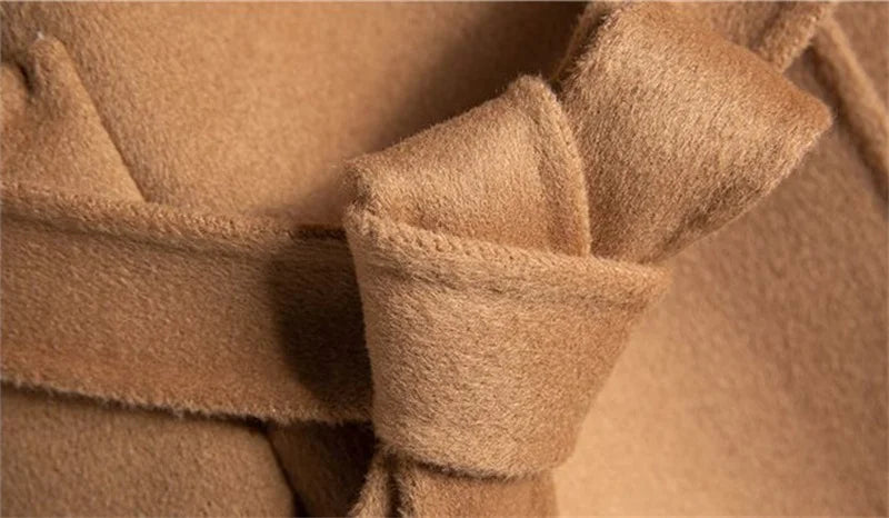 Women's Belted Hooded Wool Blend Coat with Patch Pockets