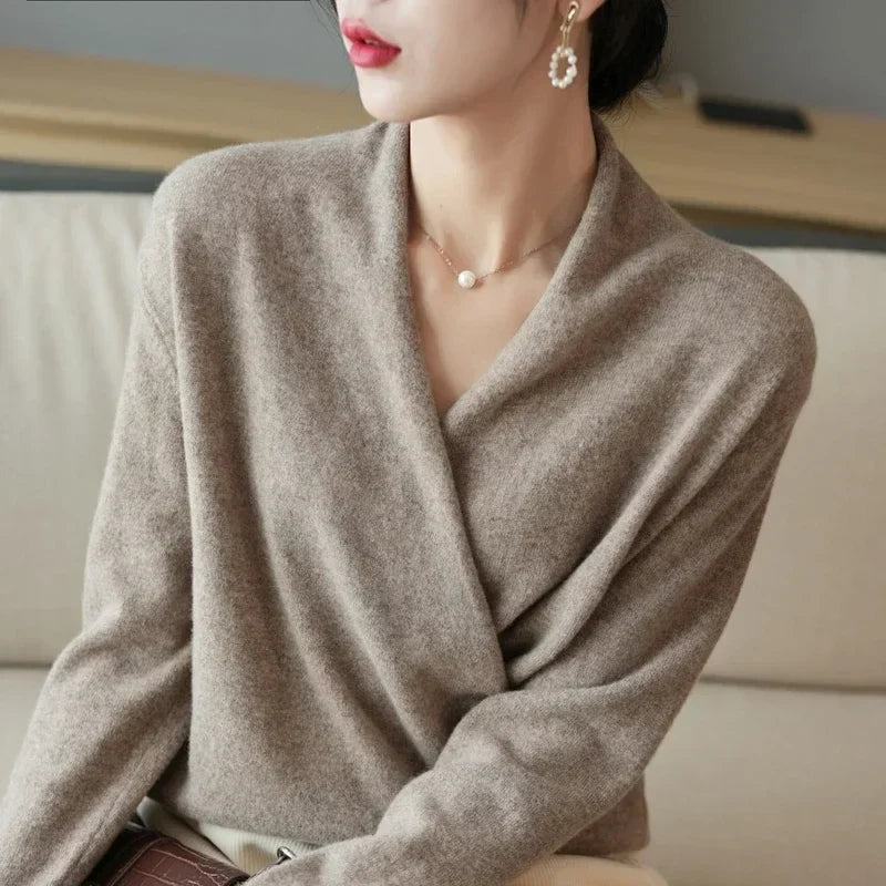 Women's V Neck Knit Sweater with Wrap Front and Long Sleeves