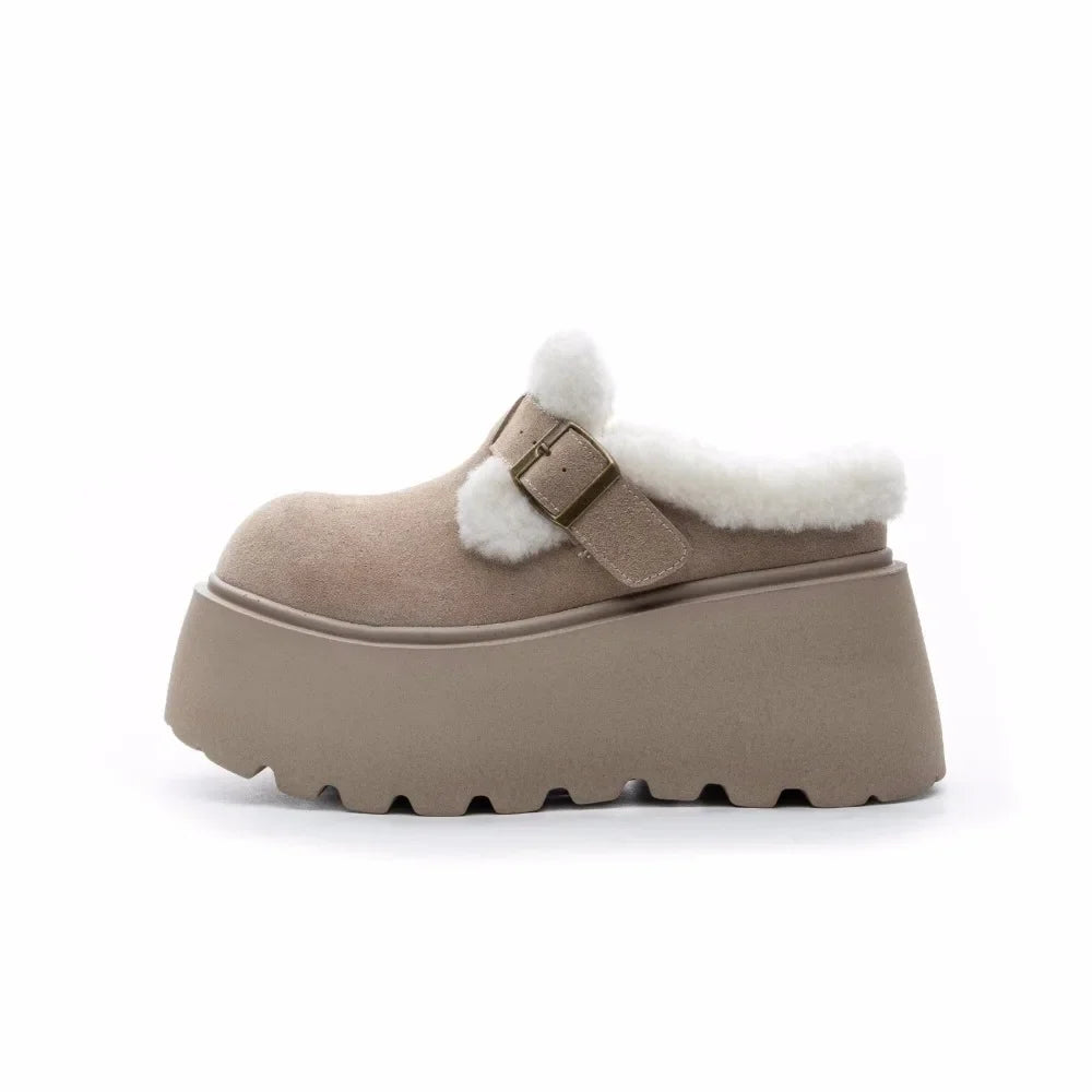Women's Shearling Platform Clogs with Buckle Strap and Chunky Sole