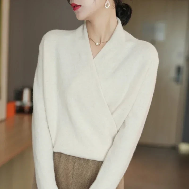 Women's V Neck Knit Sweater with Wrap Front and Long Sleeves