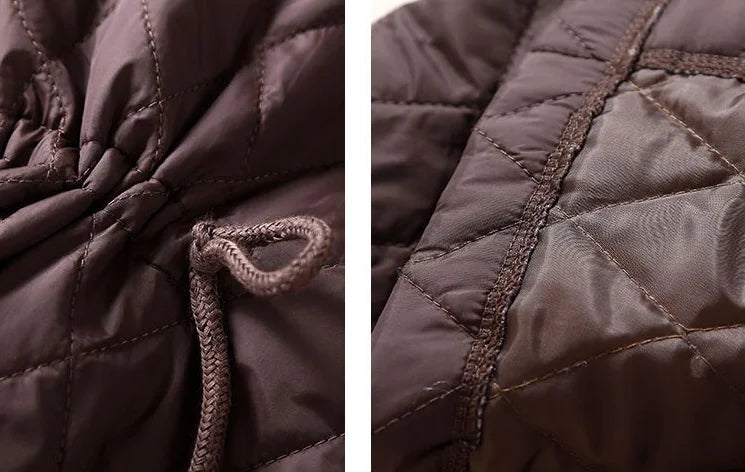 Women's Long Quilted Coat with Drawstring Waist and Button Front