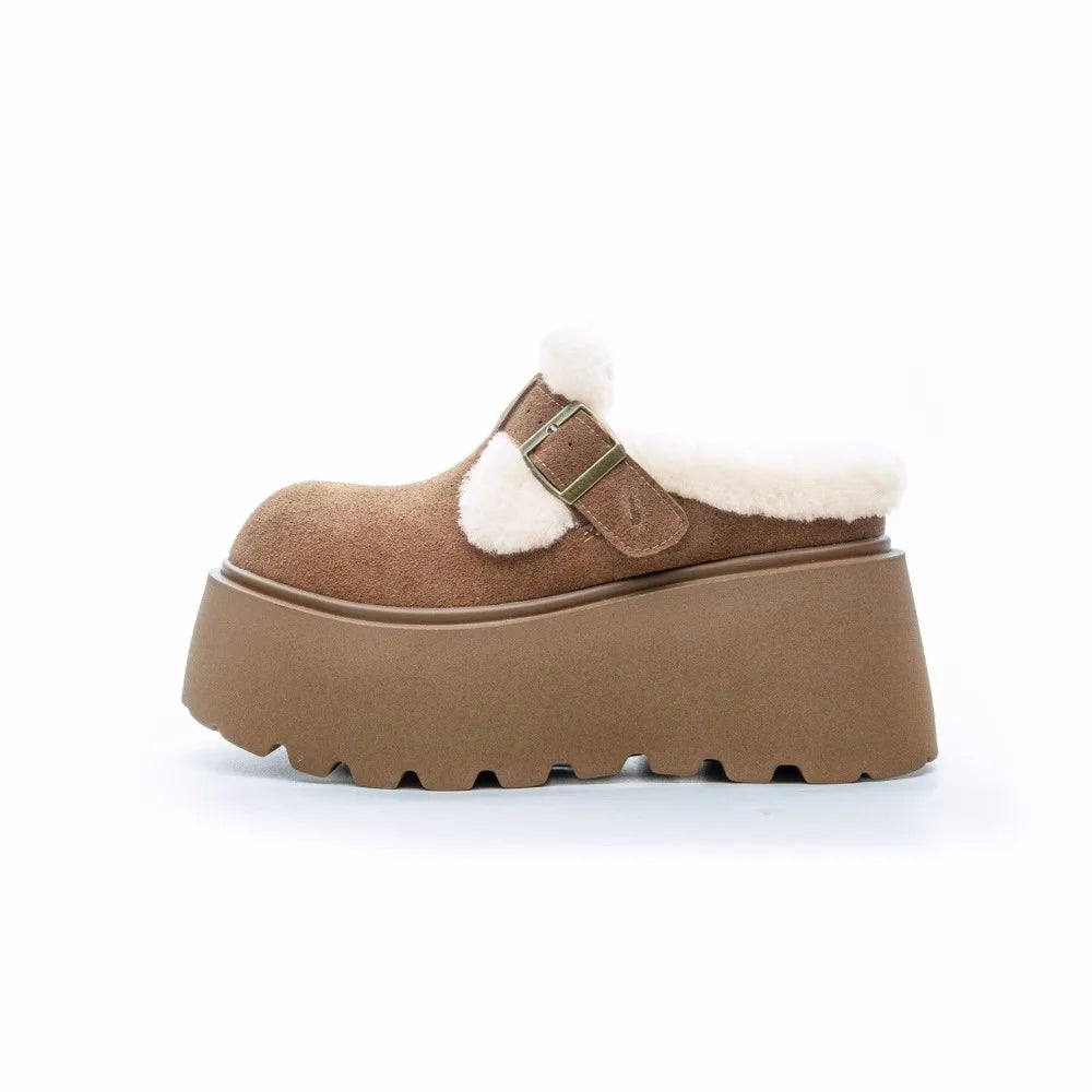 Women's Shearling Platform Clogs with Buckle Strap and Chunky Sole