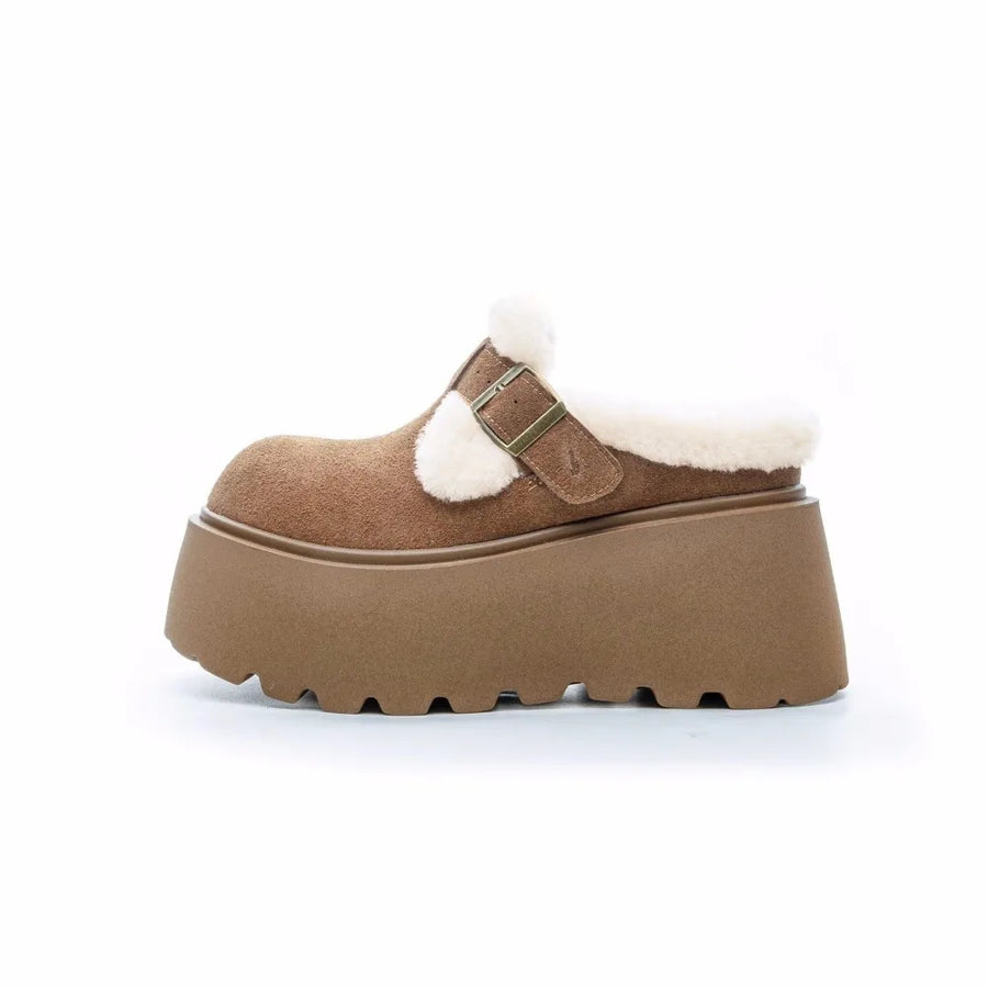 Women's Shearling Platform Clogs with Buckle Strap and Chunky Sole