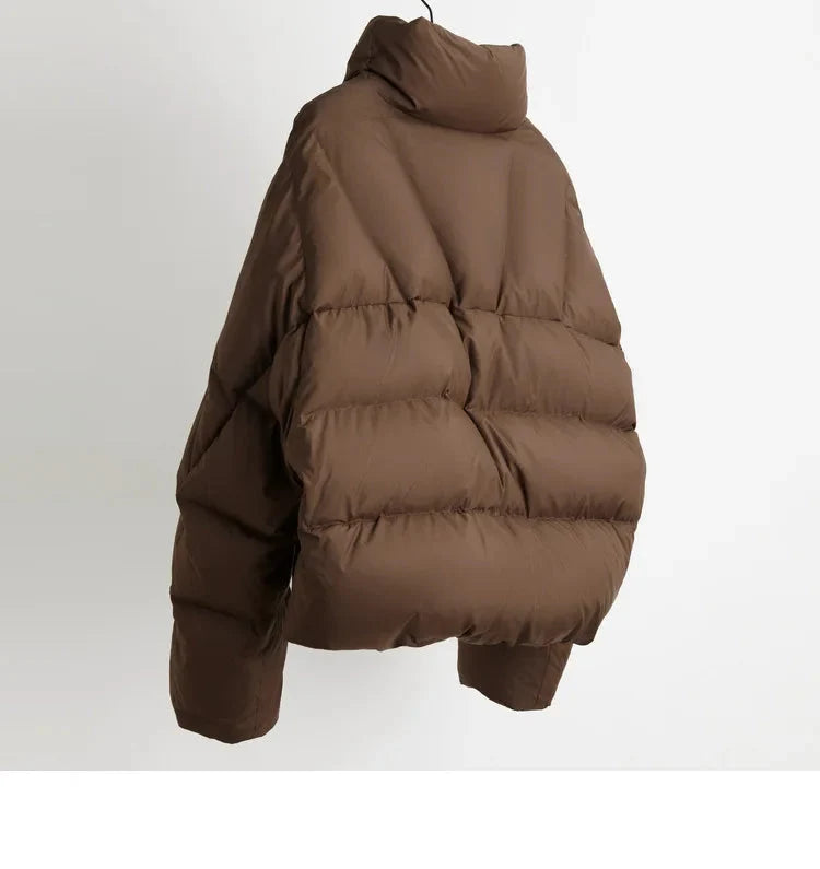 Women's Cropped Quilted Puffer Jacket with High Collar and Snap Buttons
