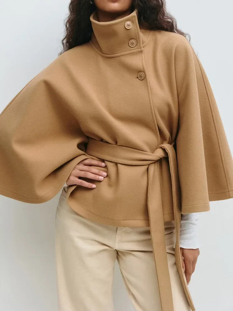 Women's Wool Blend Cape Coat with High Collar and Tie Belt