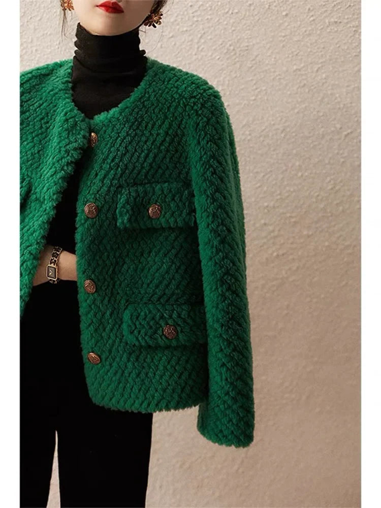 Women's Textured Boucle Jacket with Gold Button Front and Pockets