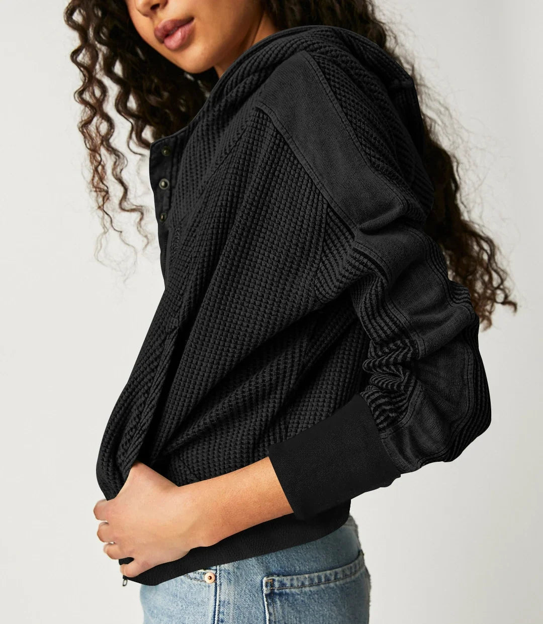 Women's Cropped Waffle Knit Hoodie with Full Zip and Button Collar