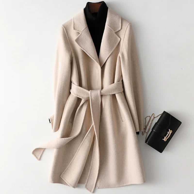 Women's Wool Blend Coat with Tie Belt and Notch Lapel