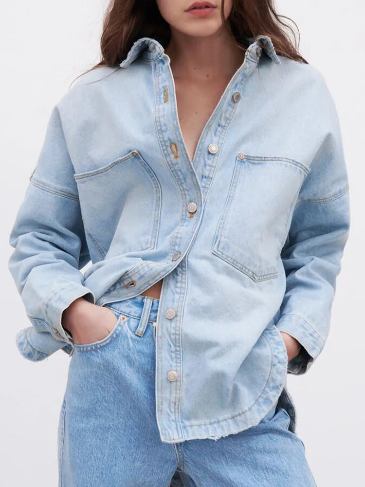 Women's Oversized Denim Shirt with Button Front and Chest Pockets