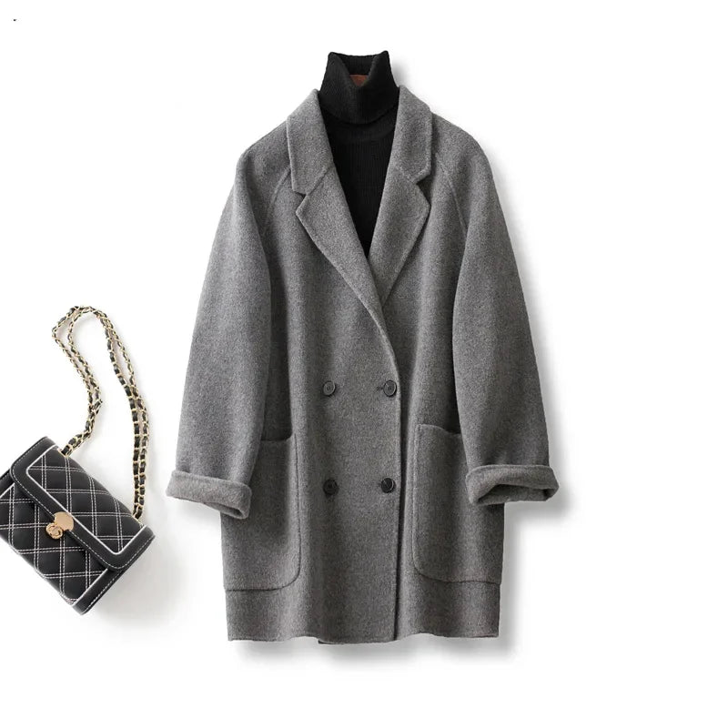 Women's Double Breasted Wool Blend Coat with Notch Lapel