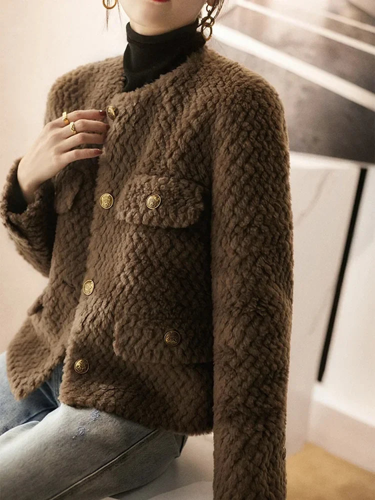 Women's Textured Boucle Jacket with Gold Button Front and Pockets
