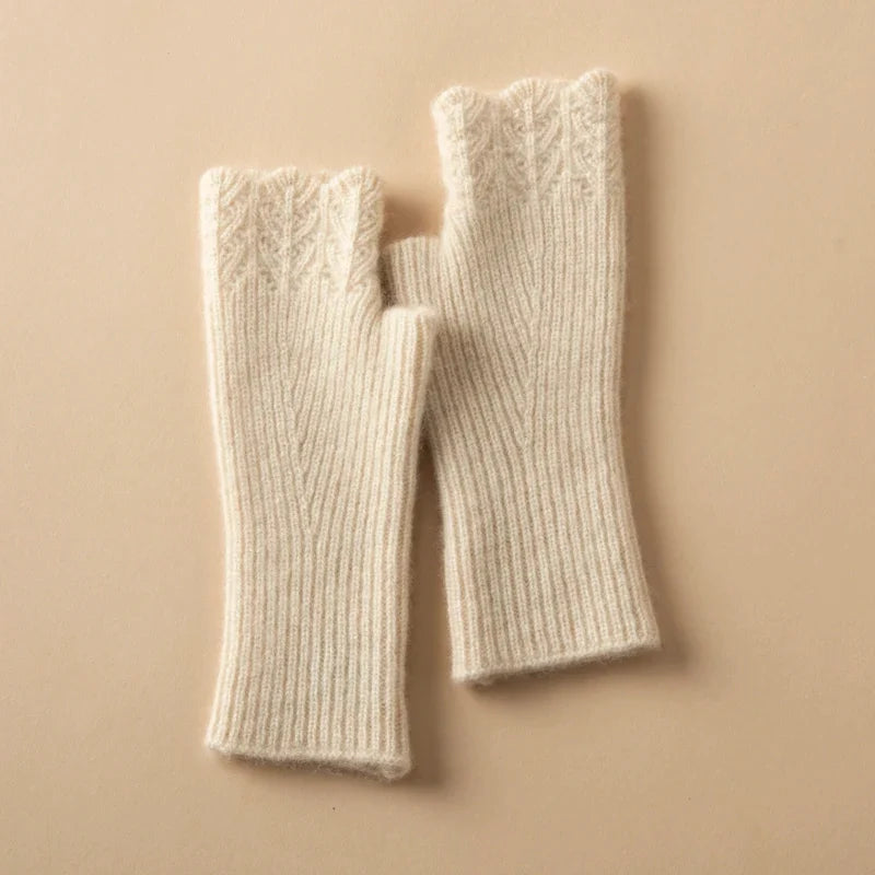 Women's Cashmere Fingerless Gloves with Ribbed Knit Texture