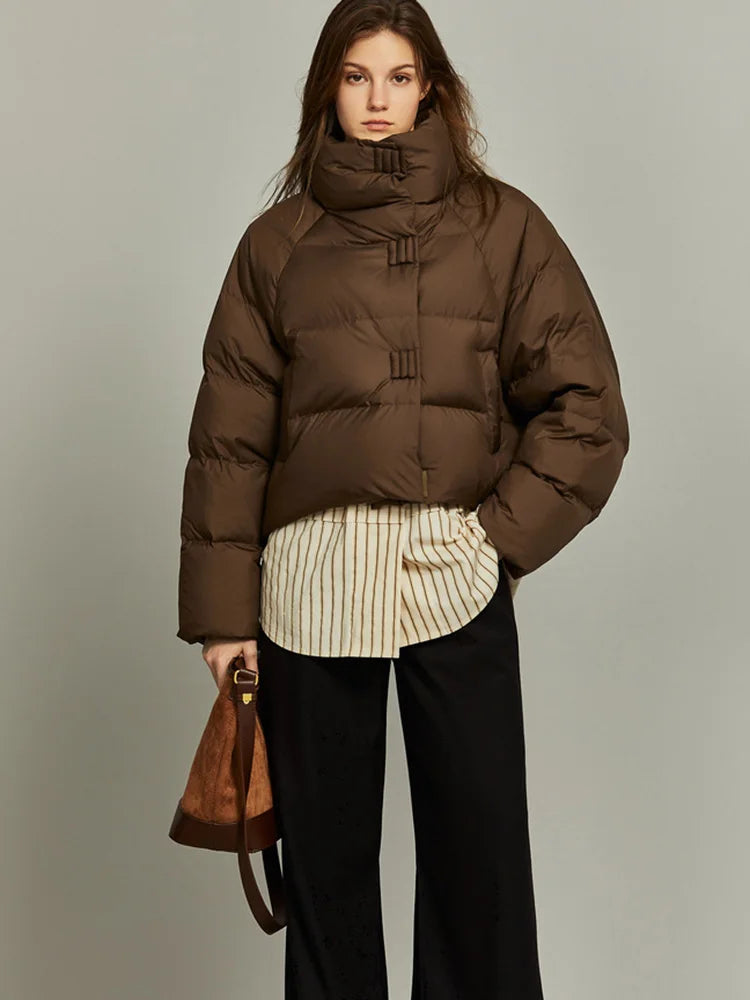 Women's Cropped Quilted Puffer Jacket with High Collar and Snap Buttons
