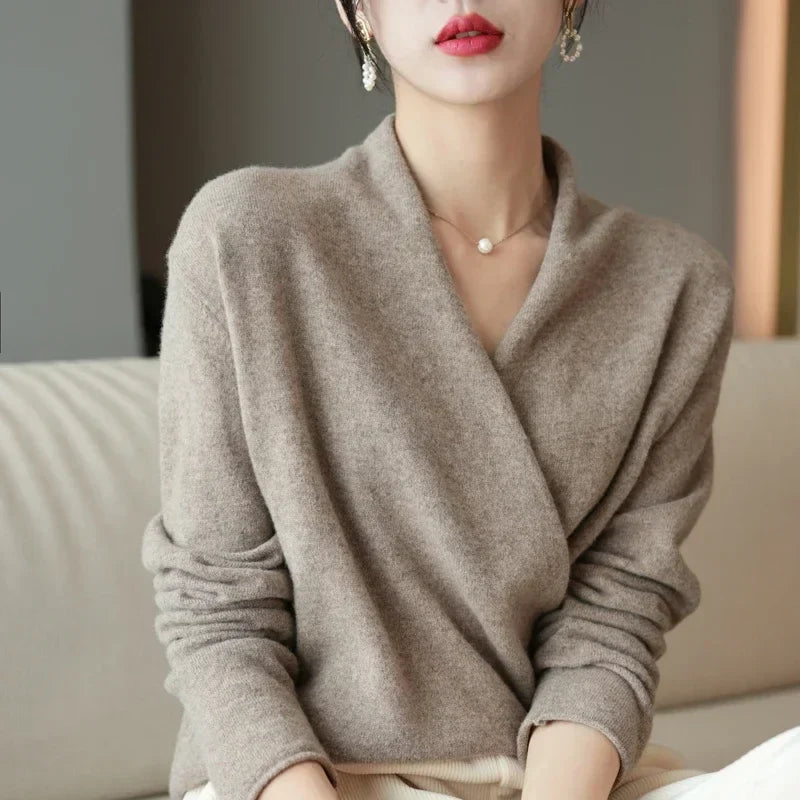 Women's V Neck Knit Sweater with Wrap Front and Long Sleeves