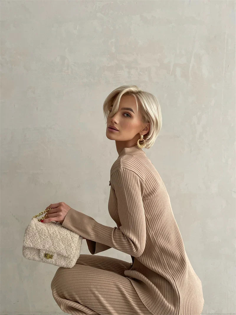 Women's Off Shoulder Knit Sweater and Pants Set with Wide Neck