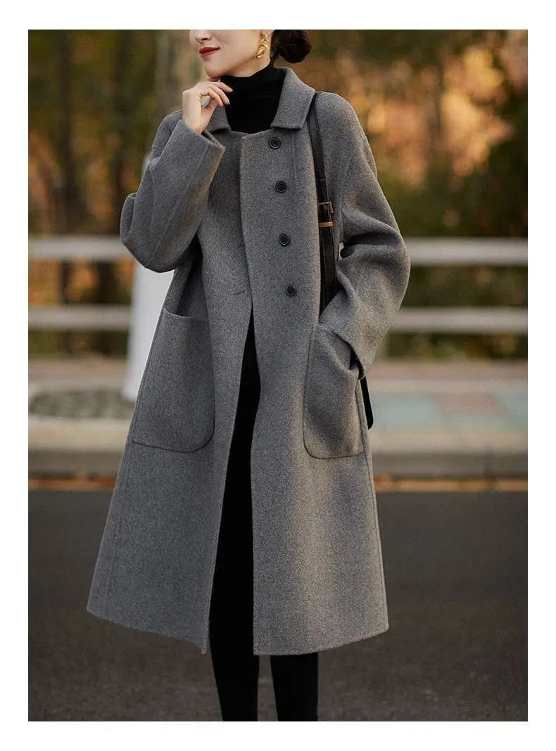Women's Long Wool Blend Overcoat with Funnel Neck and Button Front